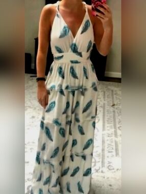 Ramy Brook Toledo White Maxi Dress with Teal Leaf Print - Halter  Large $645